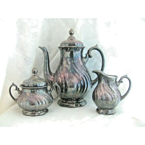 Vintage Thomas Silver On Porcelain Germany Coffee Tea Chocolate Pot Cream Sugar - Picture 1 of 7